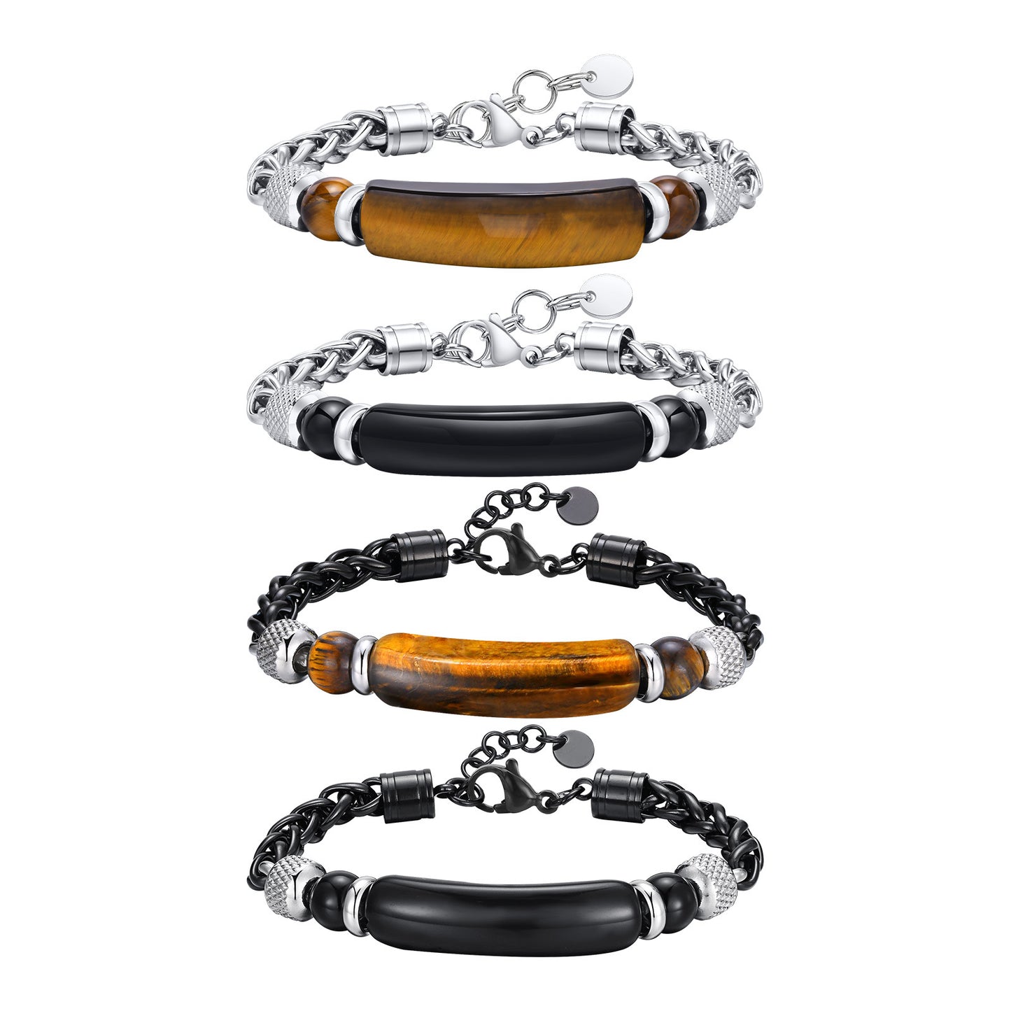Stainless Steel Flower Basket Chain Black Agate Tiger's Eye Beaded Bracelet for Men