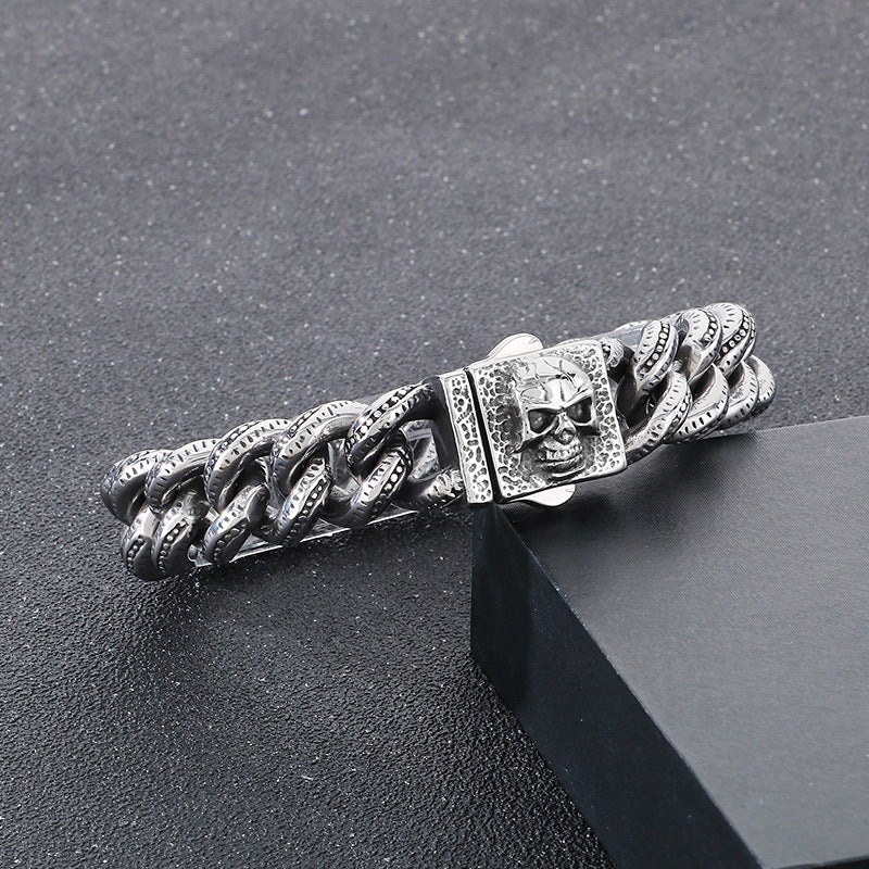Planderful Dark Titanium Skull Bracelet Square Buckle Men
