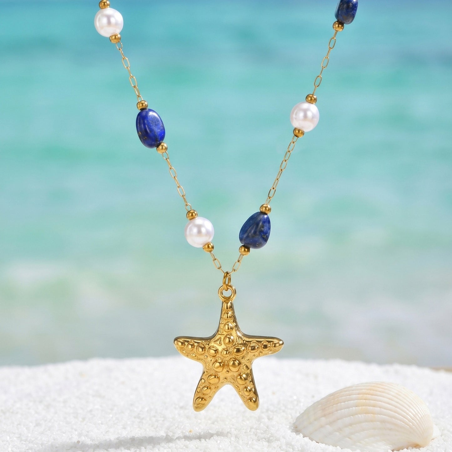Stainless Steel Lapis Lazuli Imitation Pearl Polka Dot Starfish Low-Key Necklace