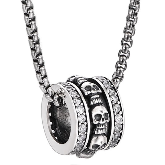 Planderful Jewelry Skull Pendant Necklace In Stainless Steel With Zircon Inlay For Unisex Wear