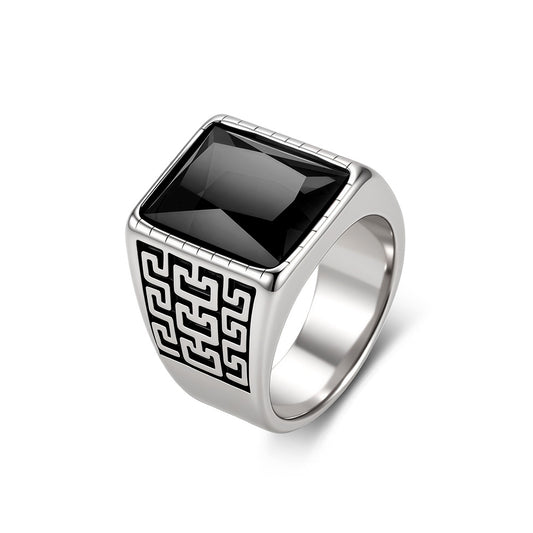 Textured Square Multi-Color Gemstone Stainless Steel Ring Men's Stainless