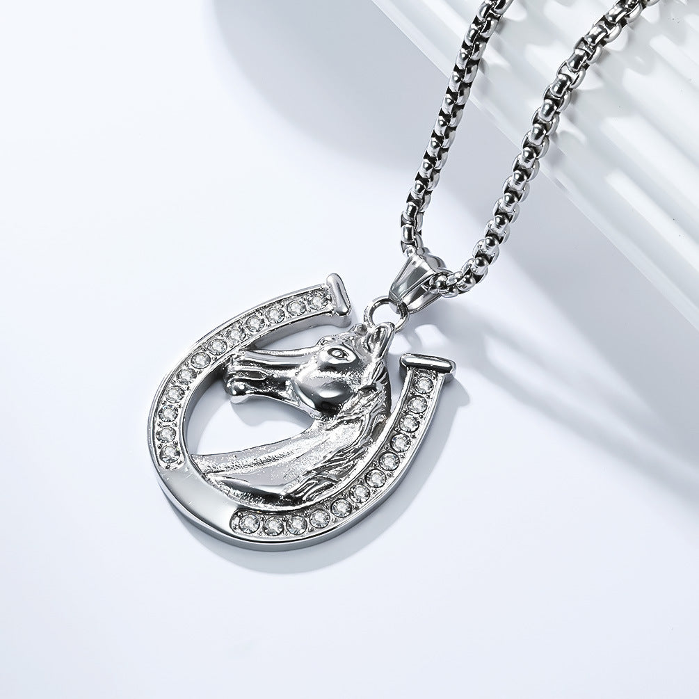 Planderful Horseshoe Necklace With Zircon Horse Head Pendant In Titanium Steel For Men Hip Hop Style Jewelry