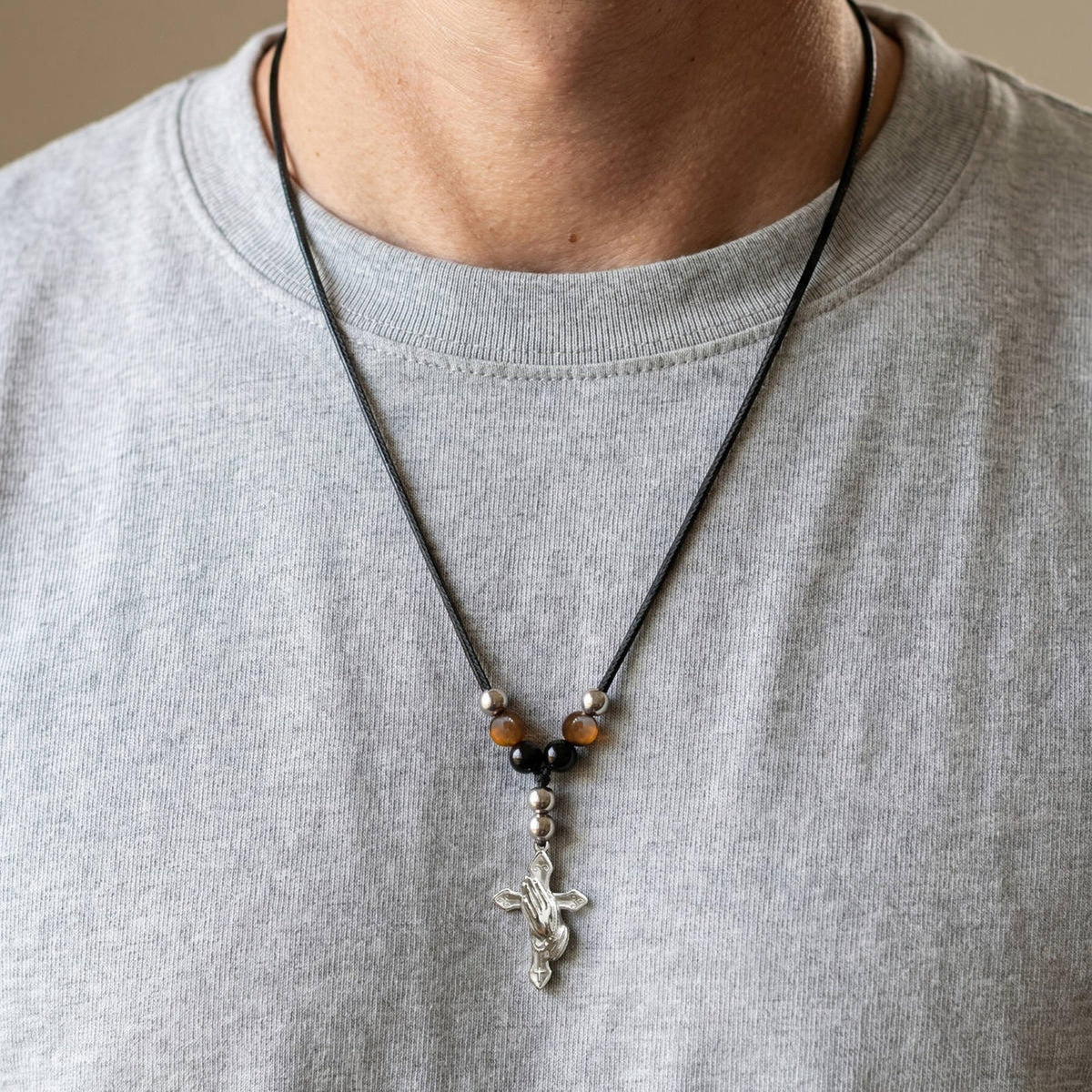 Stainless Steel Cross Agate Tiger's Eye Stone Beaded Adjustable Necklace