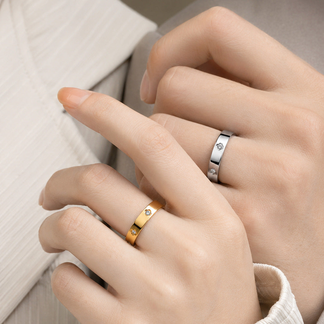 Planderful Four Leaf Clover Zircon Ring For Couples Unisex Stainless Steel Durable Design Elegant Gift
