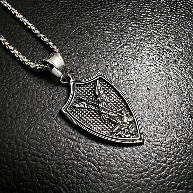 Steel Necklace - Vintage Saint Michael Shield Pendant