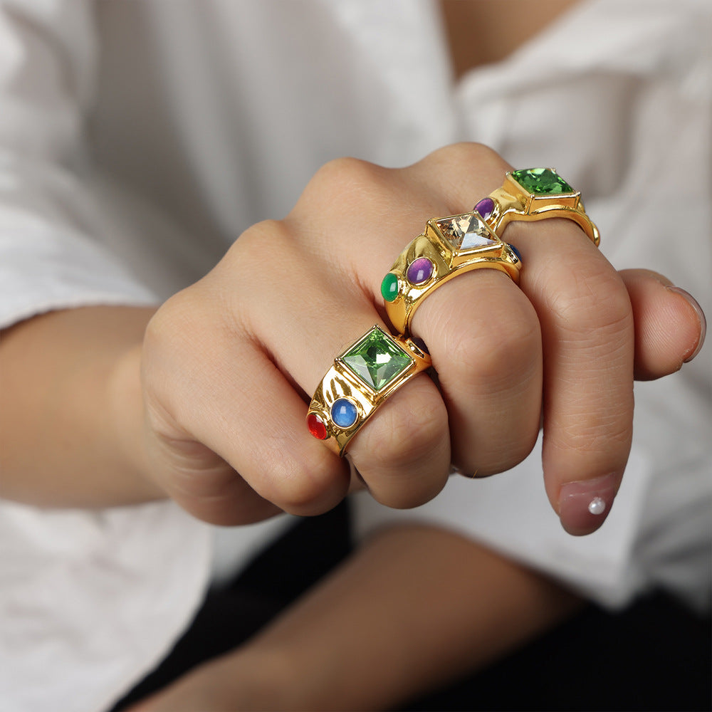 Golden Luxe Zircon Stone Open Ring - Elegant European and American Jewelry