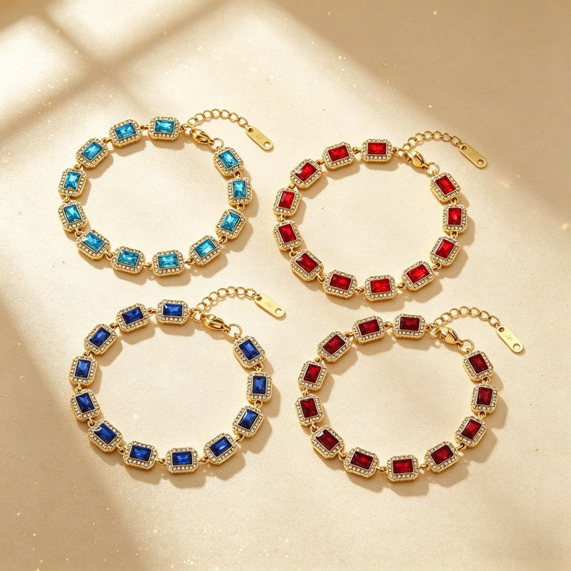 Color Surrounding Square Zircon Stainless Steel Bracelet Palace Style Adjustable