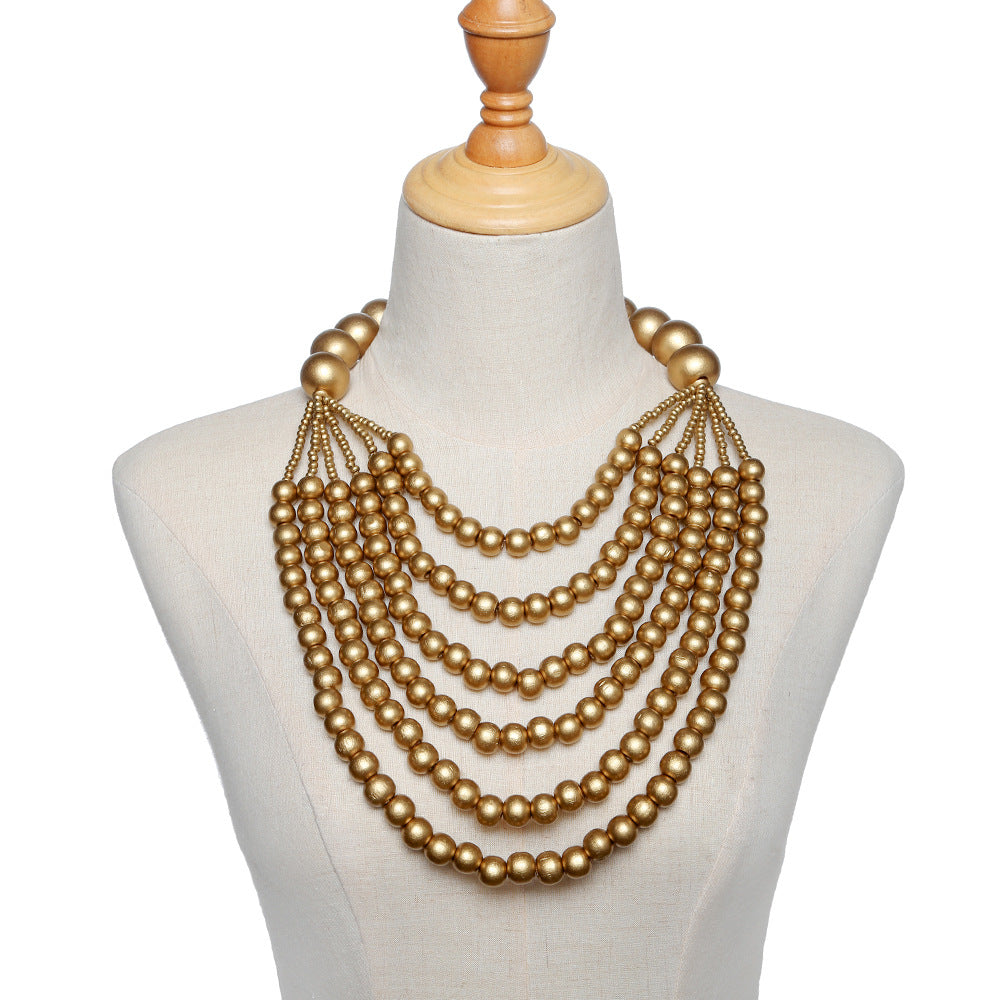 Extravagant Multilayer Wooden Bead Necklace with Black Pendant Women's Statement Jewelry
