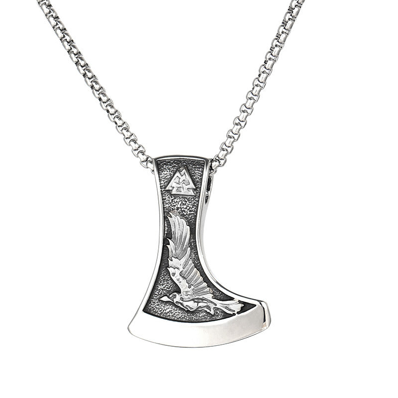 Viking-Inspired Stainless Steel Men's Pendant with Double-Sided Axe and Direwolf Design
