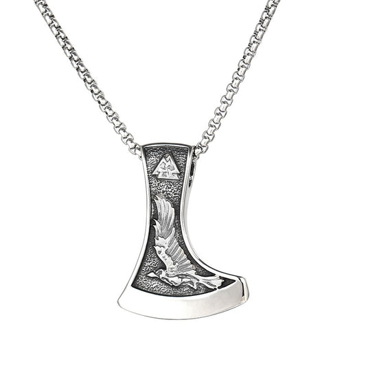Viking-Inspired Stainless Steel Men's Pendant with Double-Sided Axe and Direwolf Design