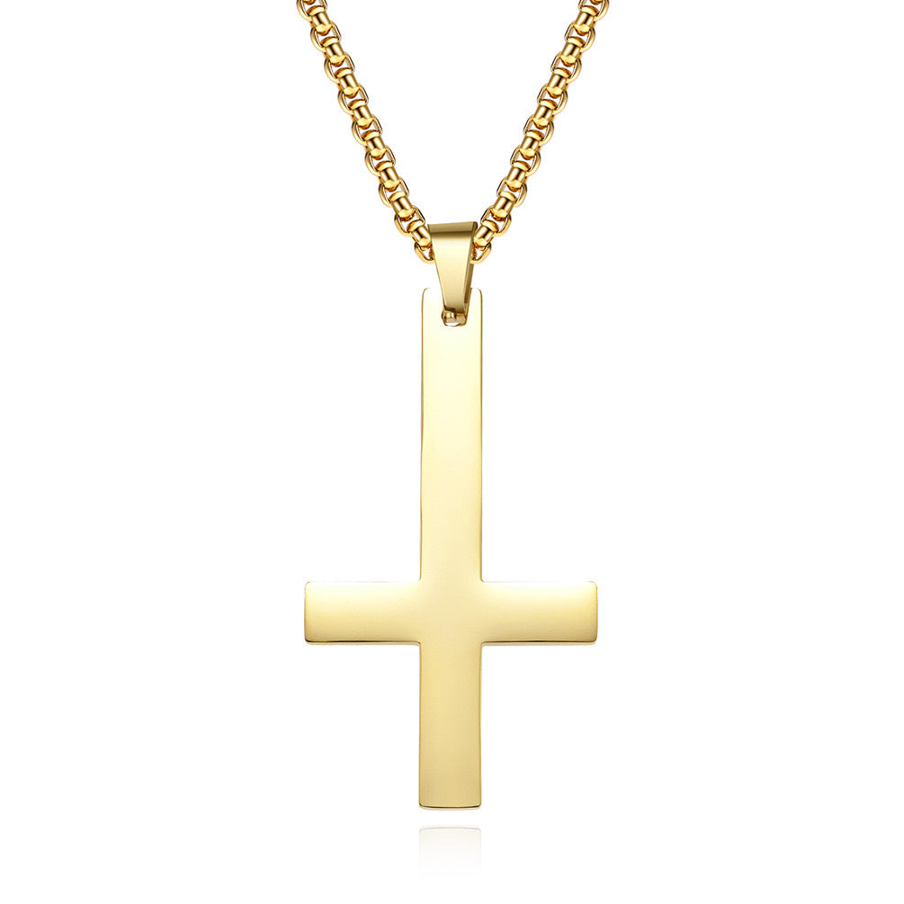 Planderful Titanium Steel Mens Necklace Upside Down Cross Pendant Retro Rock Style Jewelry