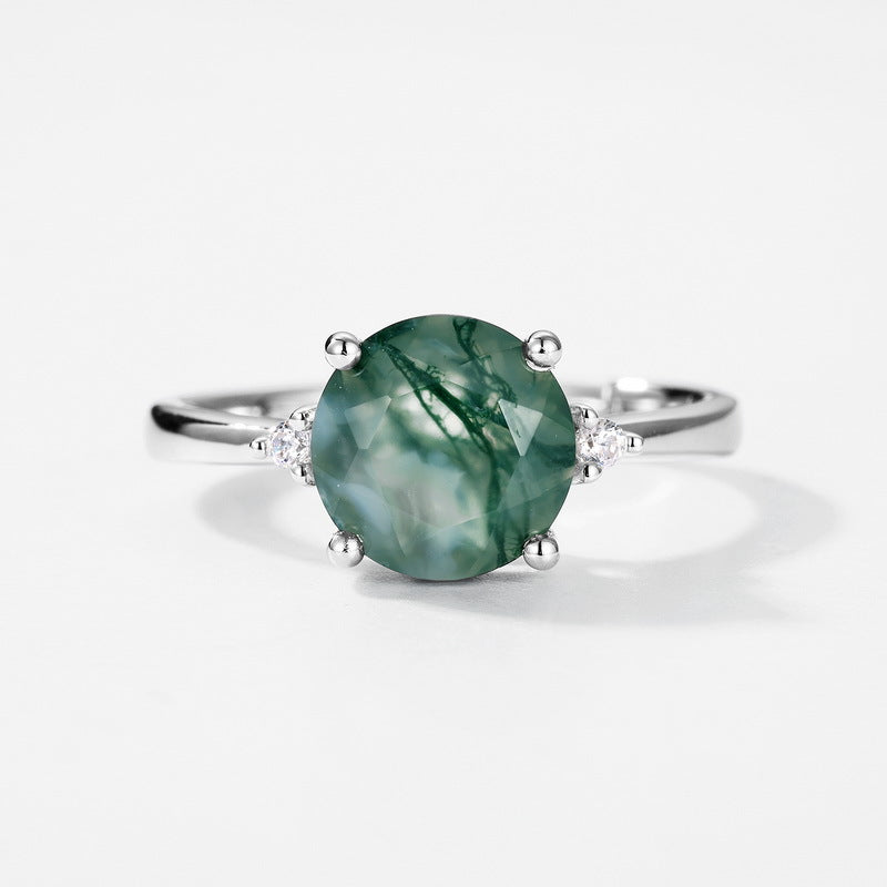 Planderful Jewelry Sterling Silver Agate Ring Green Moss Geometric Retro Design For Women