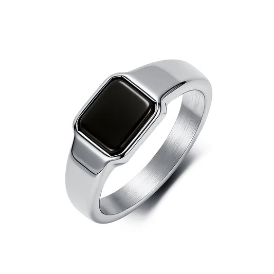 Black Gemstone Geometric Stainless Steel Ring