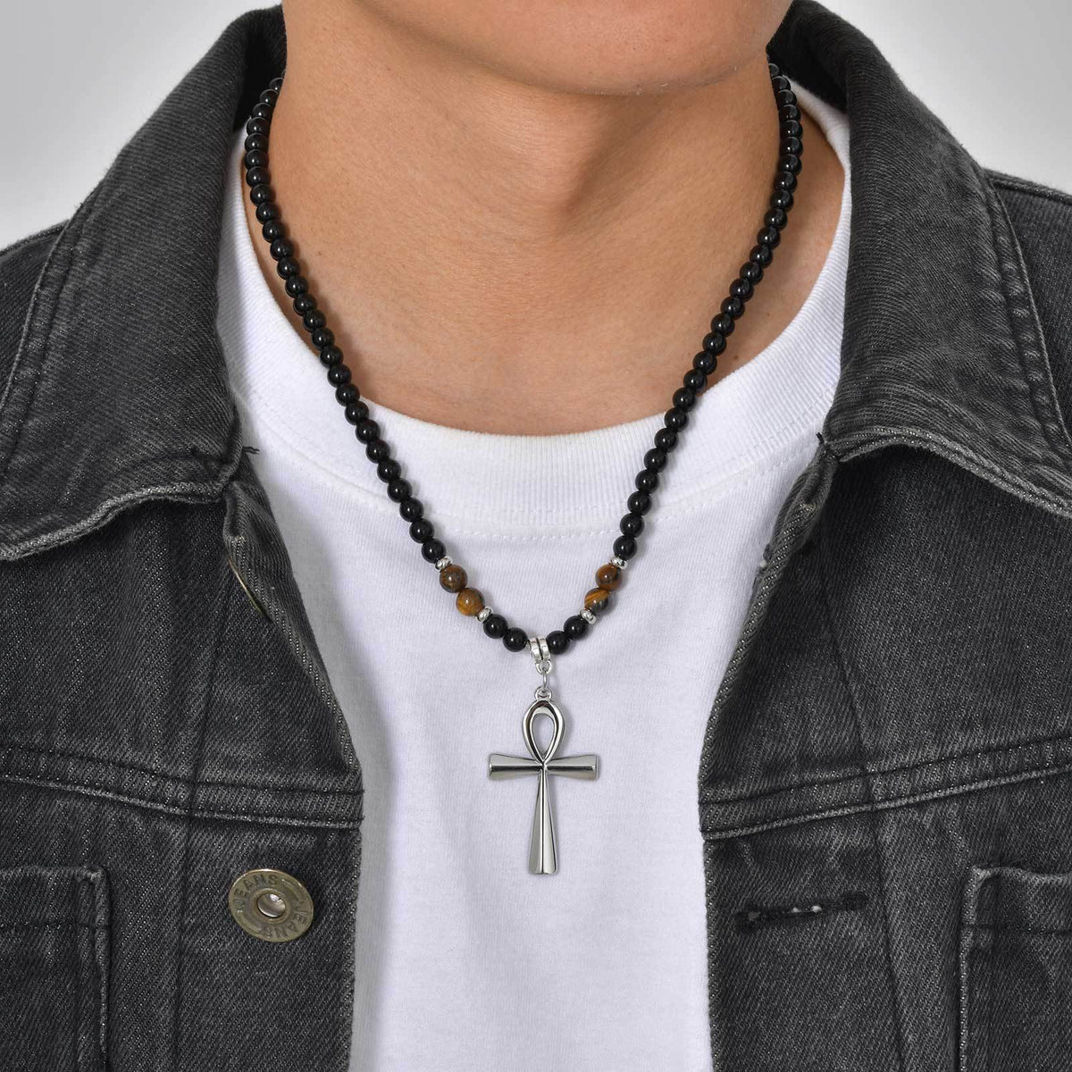 Stainless Steel Anka Cross Black Acrylic Round Beads Natural Tiger's Eye Beaded Necklace