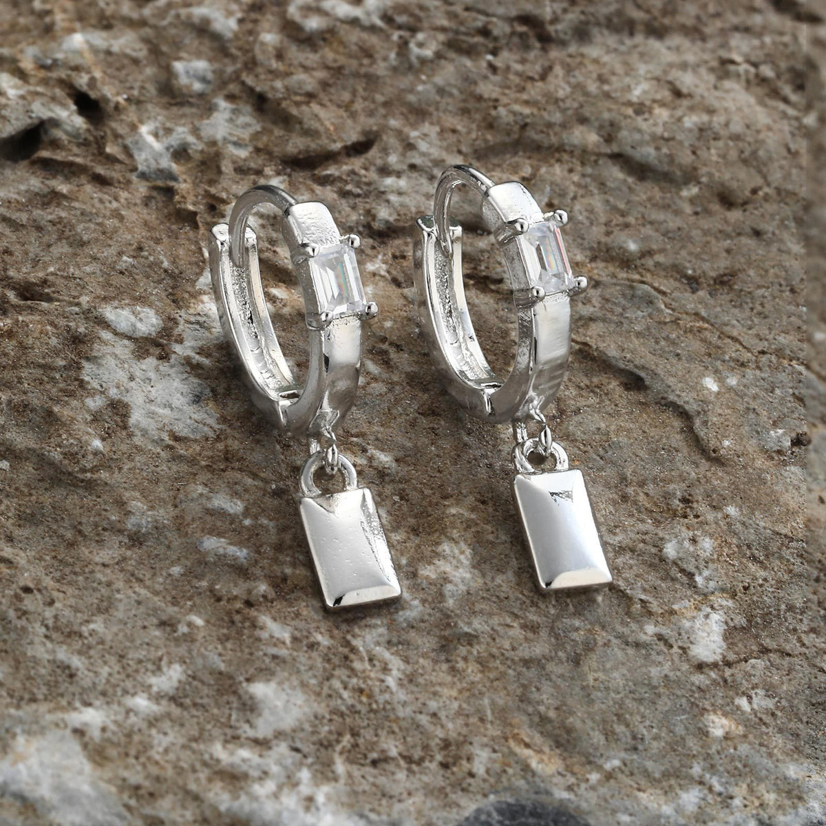 Copper Zircon Small Square Single Earring — White Gold Tone