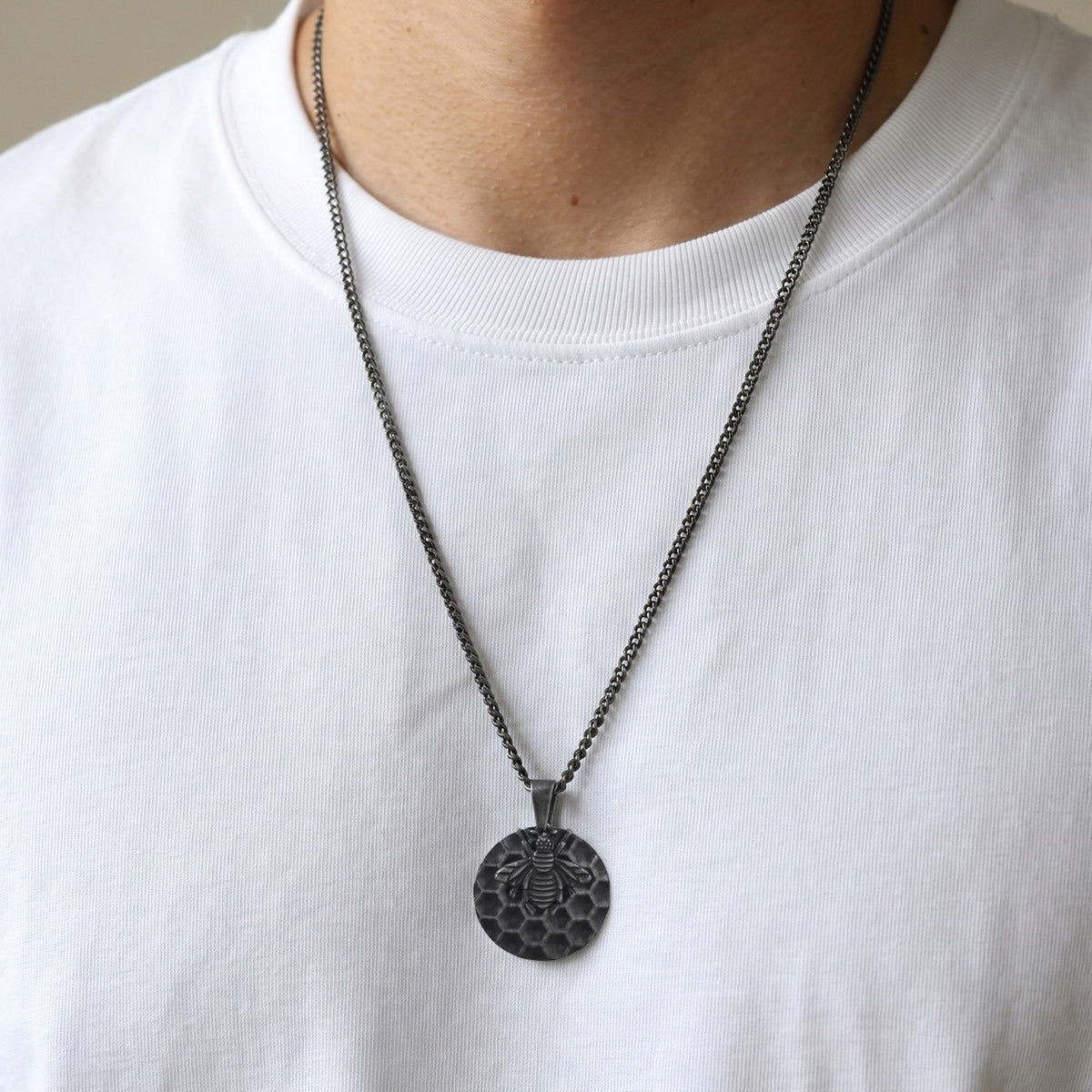 Special Stainless Steel Bee Hive Pendant Street Shape Stacked With Gray Necklace