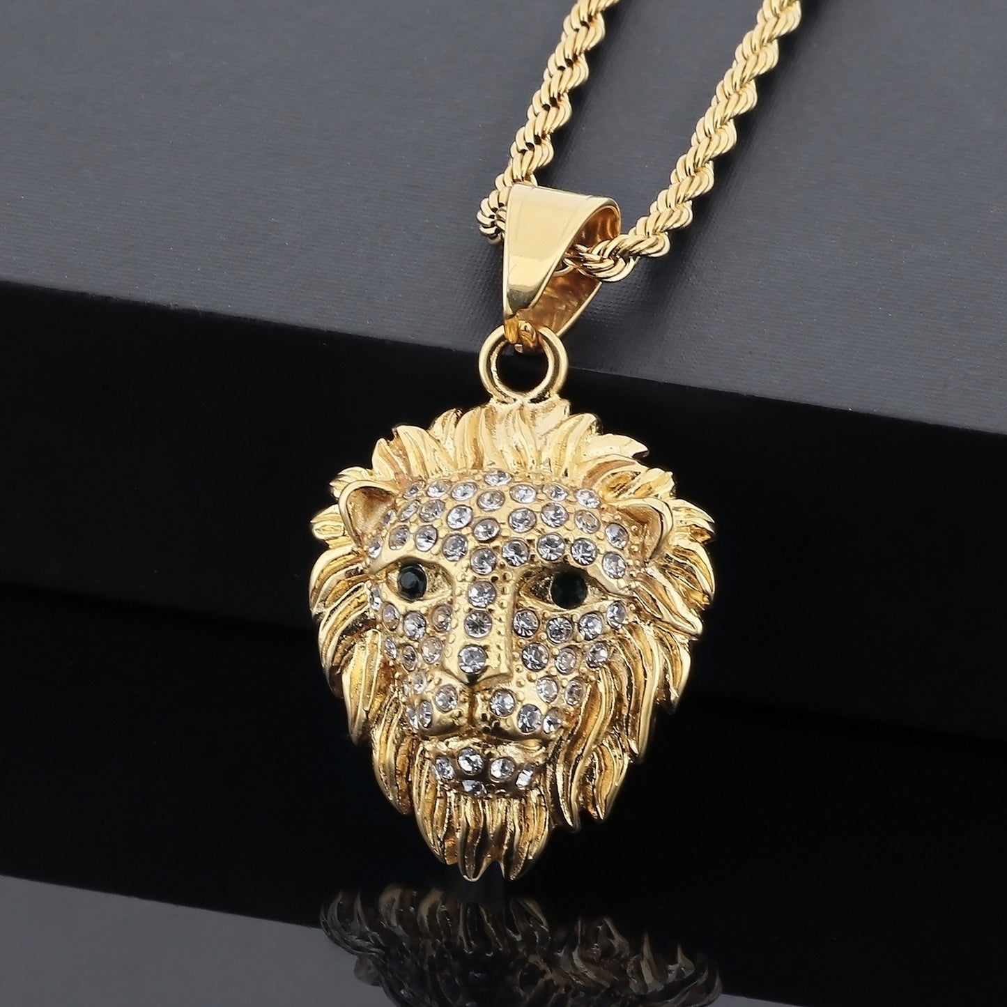 Titanium Steel Lion Head Pendant with Gold Electroplating and Zircon Accents for Men