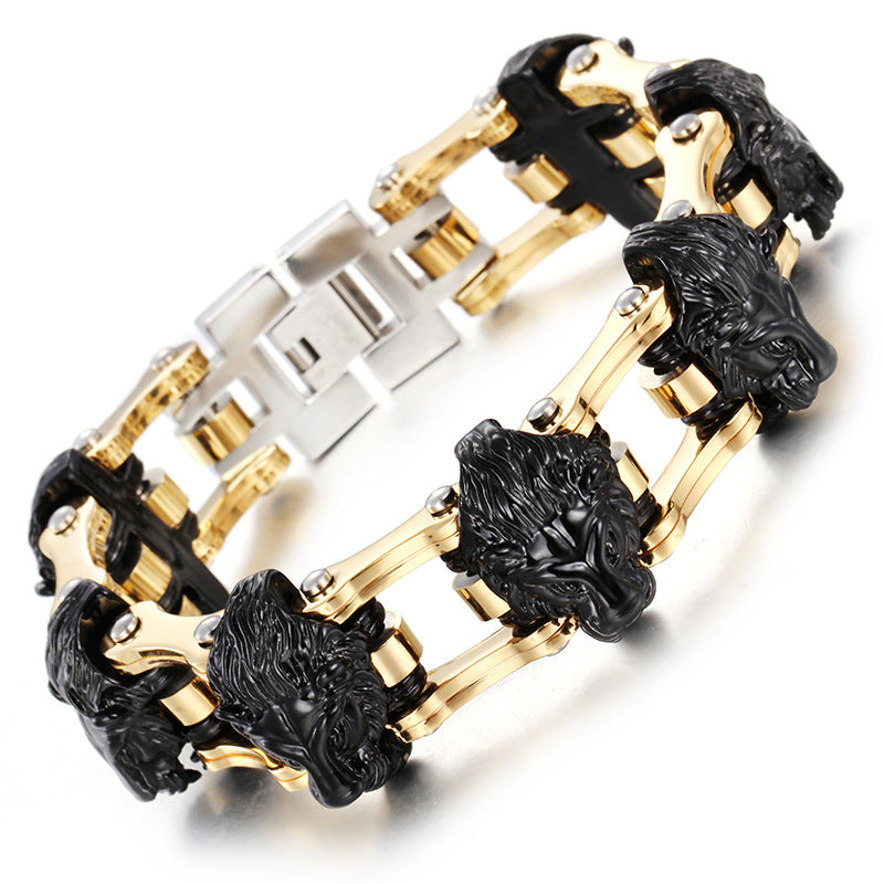 Titanium Steel Wolf Head and Lion Head Bracelets for Men, Exaggerated Bicycle Chain Design in Stainless Steel