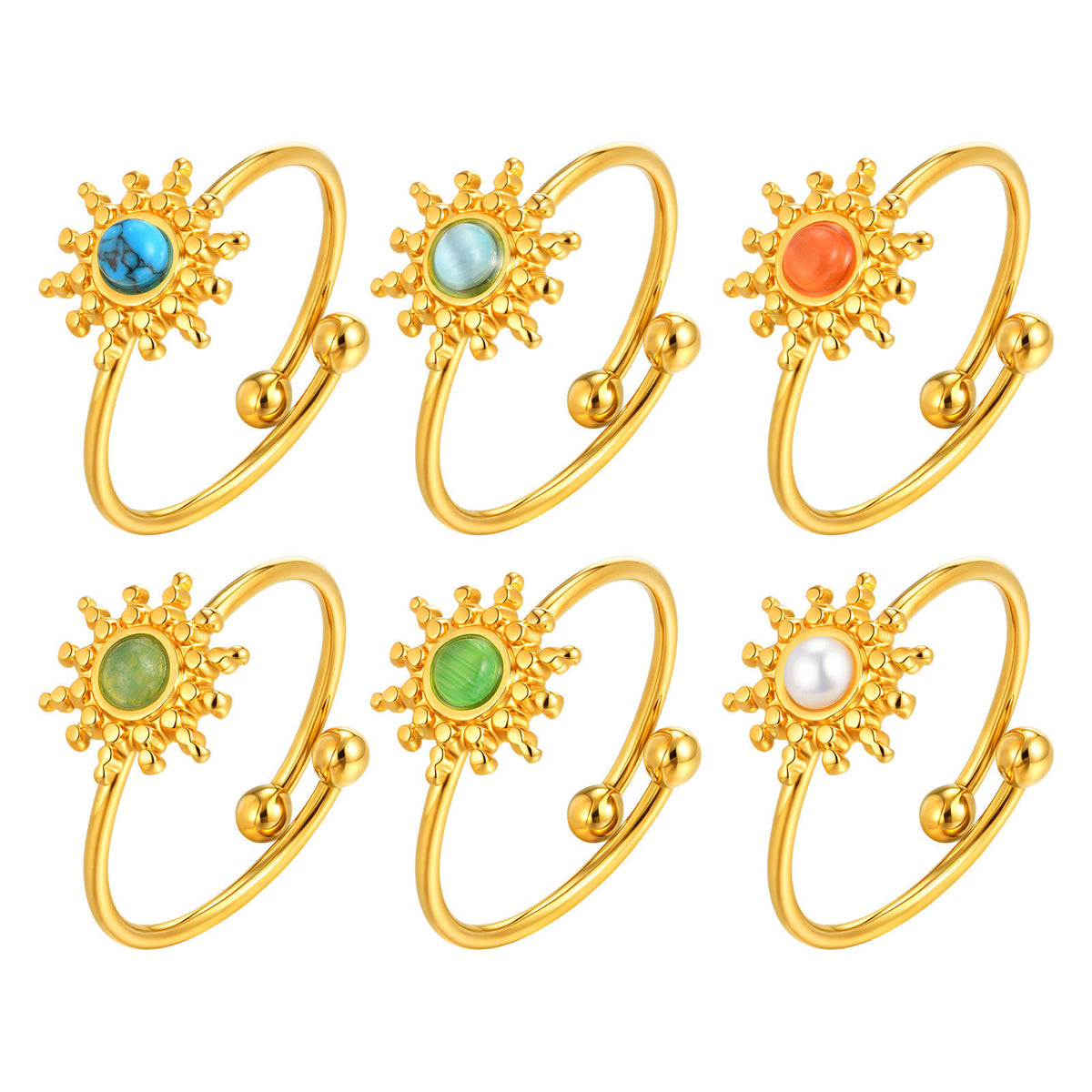 Stainless Steel Opal Natural Stone Sun Open Ring Gold – French