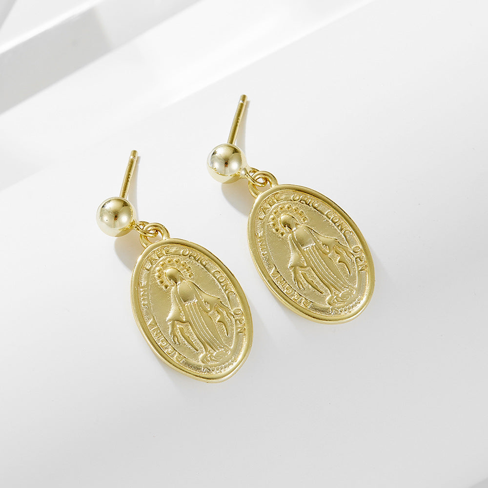 French Retro Oval Relief Stud Earrings Virgin Mary Relief Portrait Sterling Silver Earrings