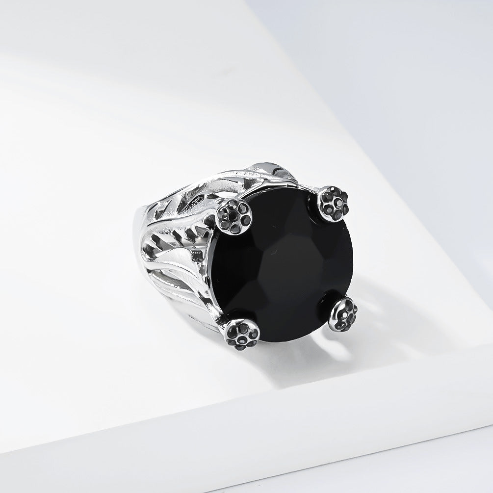 Planderful Black Agate Ring In Four Claw Inlay Unisex Retro Court Style With Protection Statement