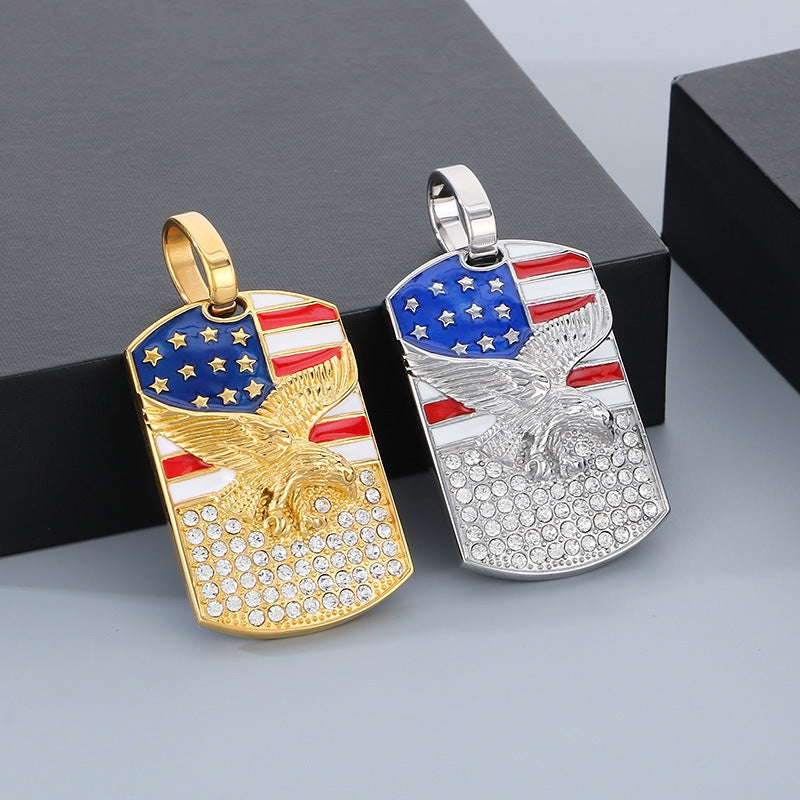 Stainless Steel Men's Eagle Pendant with American Flag and Zircon Accents