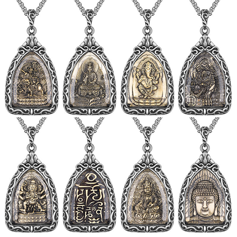 Steel Necklace - Vintage Guardian Gods Zodiac Buddha Stainless Steel Retro Design Everyday Wear