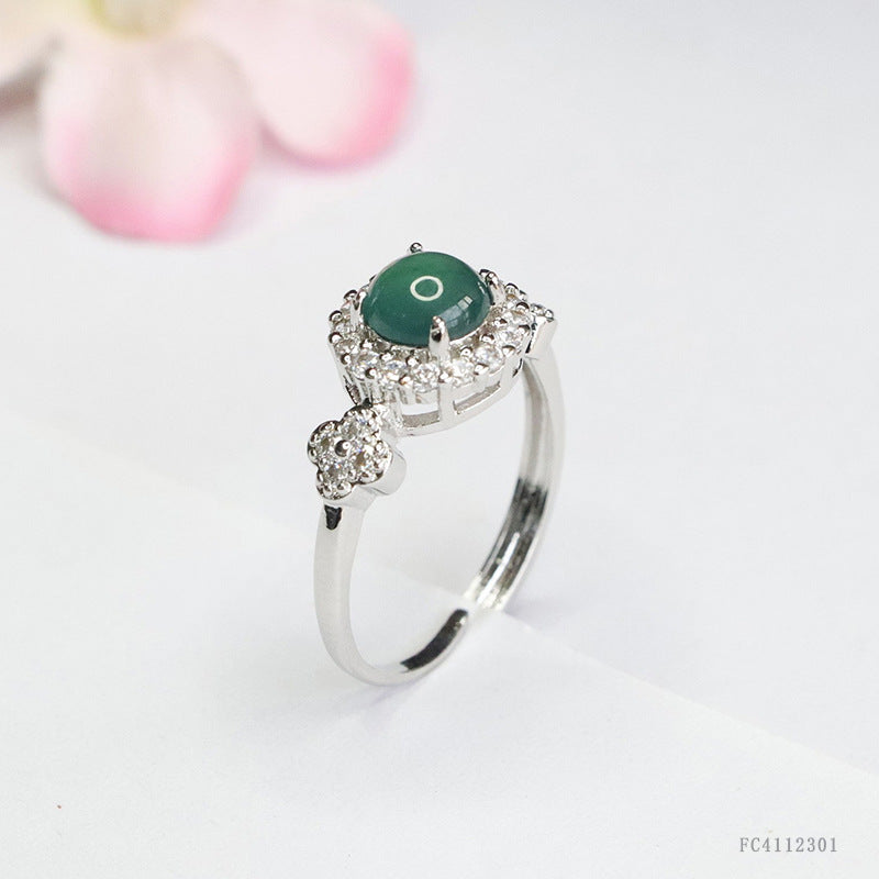 Blue Water Jadeite Prong-Set Four-Leaf Clover Ring