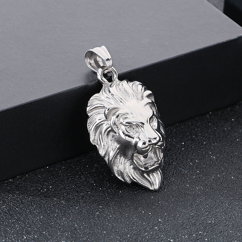Planderful Lion Head Zircon Pendant Steel Mens Necklace