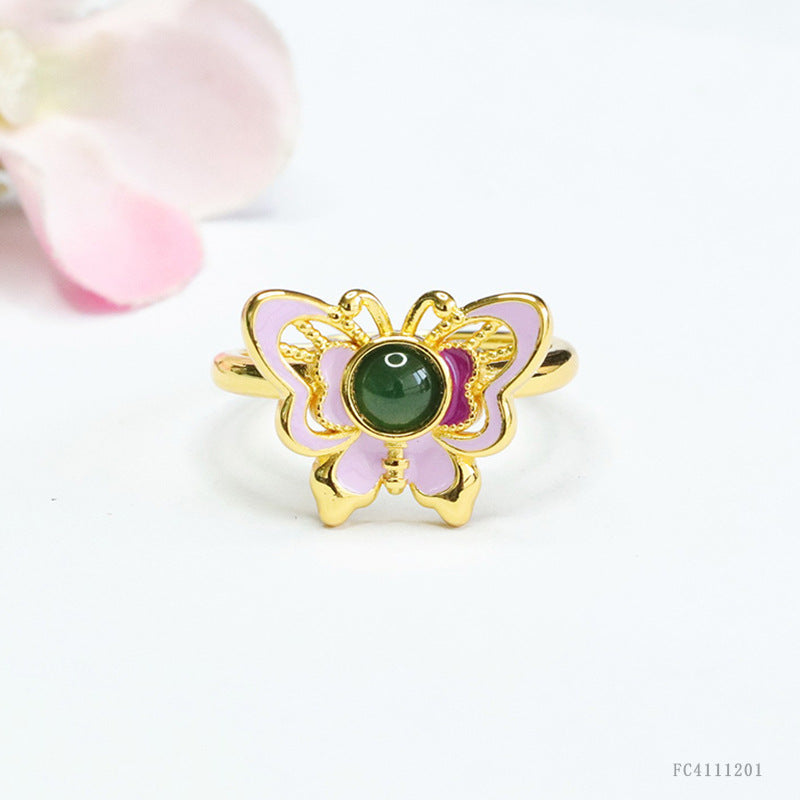 Green Jadeite Butterfly & Enamel Ring