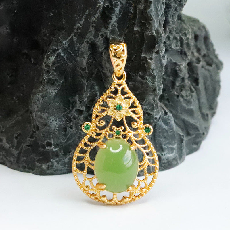 Sterling Silver Jade Pendant Necklace with Hollow Gourd Design