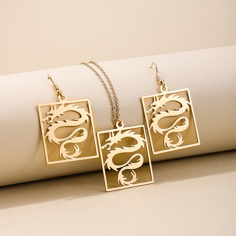 Chinese Dragon Design Women's Necklace and Earrings Set with Zodiac Pendant