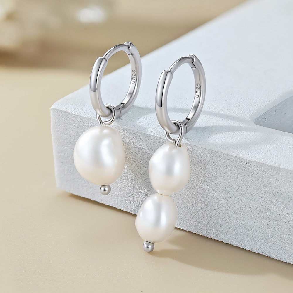 S925 Sterling Silver Natural Freshwater Baroque Pearl Asymmetrical Earrings Versatile Earrings Jewelry