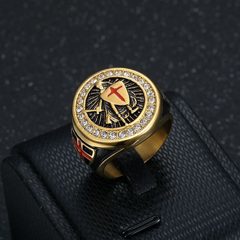 Planderful Gold Titanium Steel Ring For Men Bold Retro Templar Red Cross Shield Everyday Genie