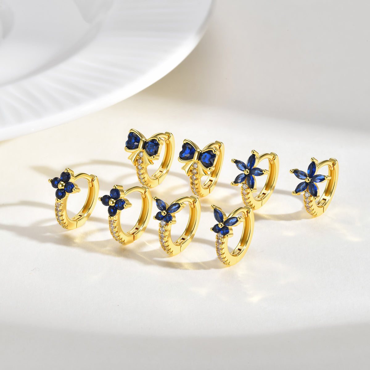 Floral Cat Zircon Earrings — Four Designs, Five Stone Colors