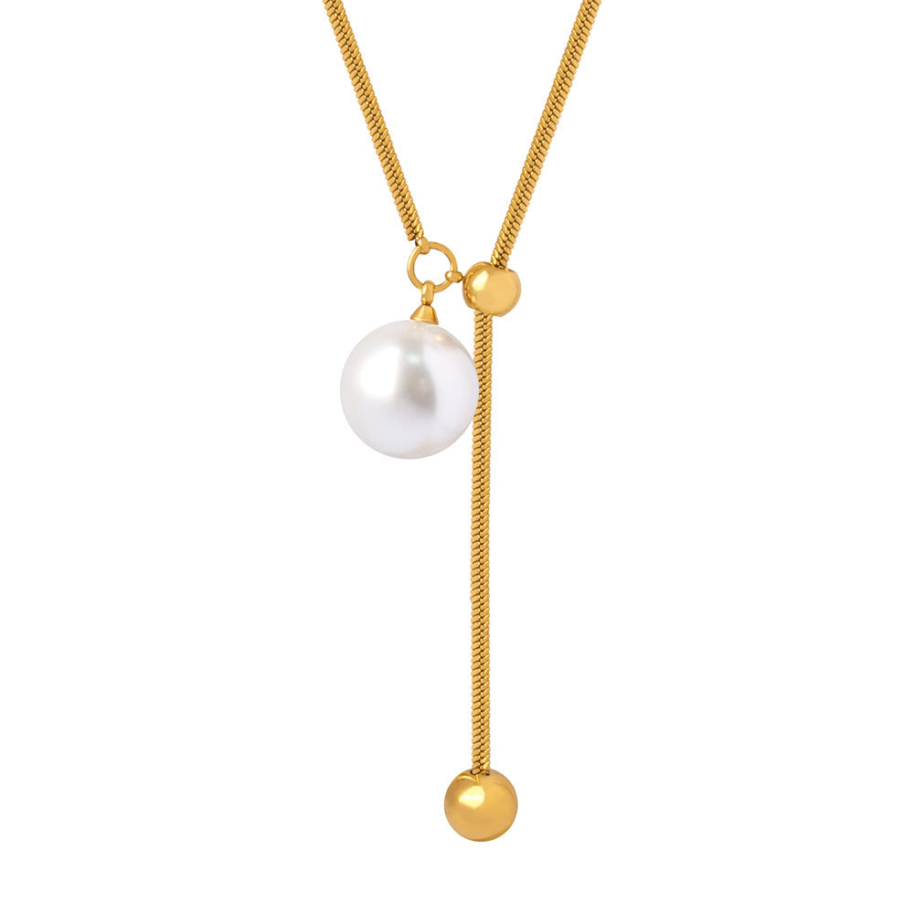Elegant Titanium Steel Necklace with Gold-Plated Beads and Pearl Pendant