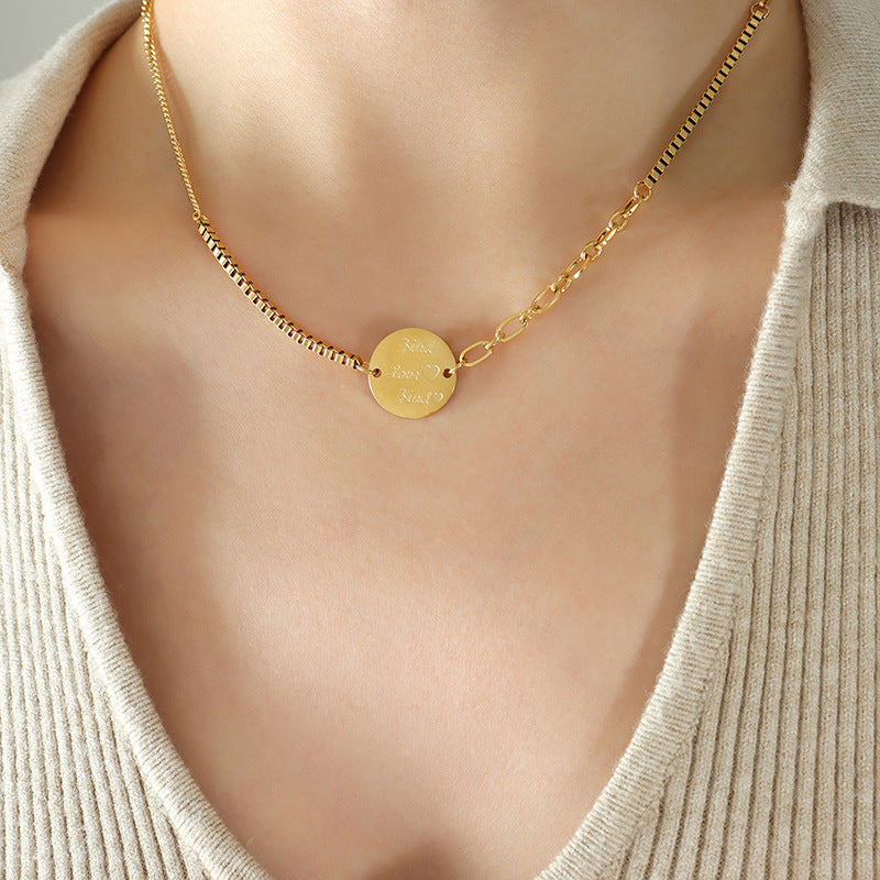 Trendy Titanium Steel Collar Necklace with Round Pendant and Spliced Chain