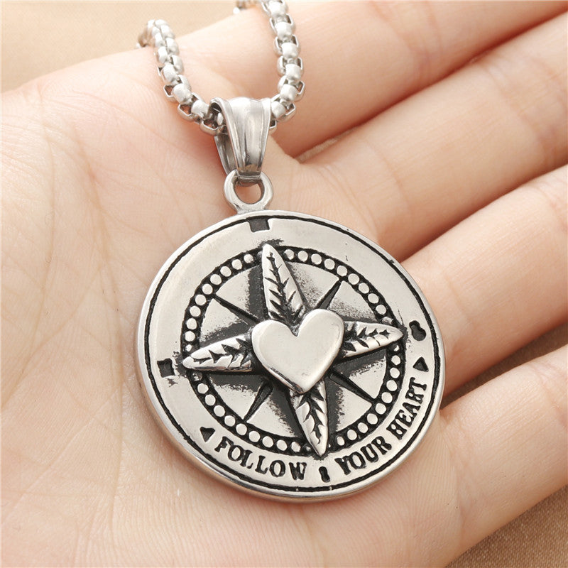 Personalized Titanium Steel Round Letter Pendant Necklace - Retro Punk Style with Cross and Leaf Design for Men