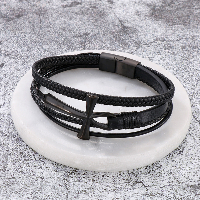 Planderful Mens Cross Stainless Cowhide Bracelet Talisman