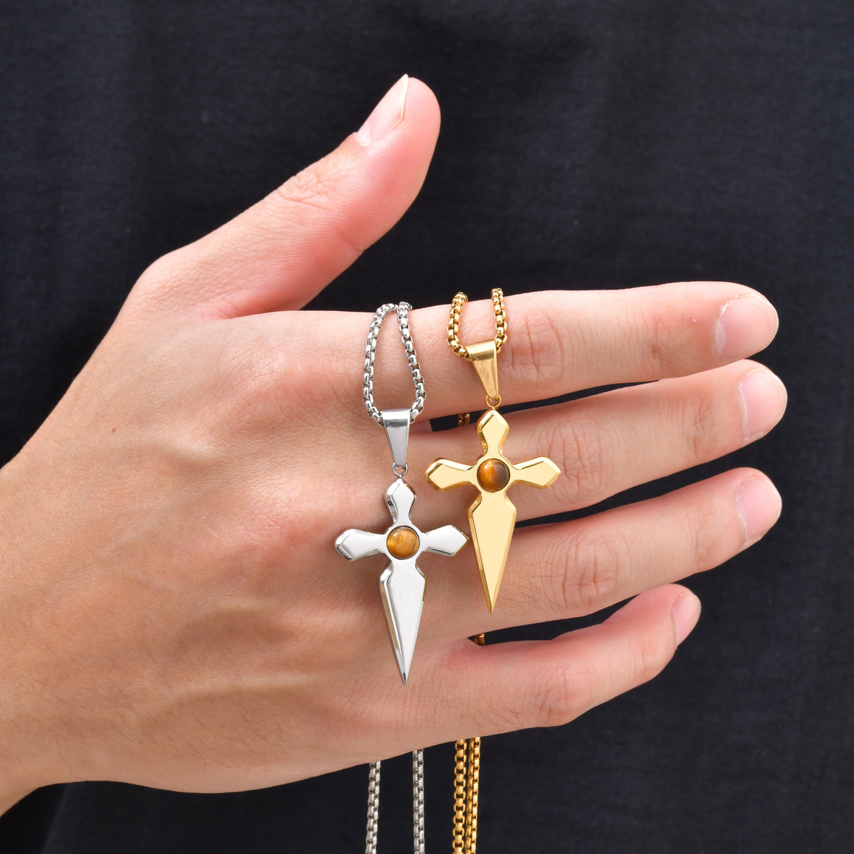 Cross Tiger's Eye Stainless Steel Pendant for Men