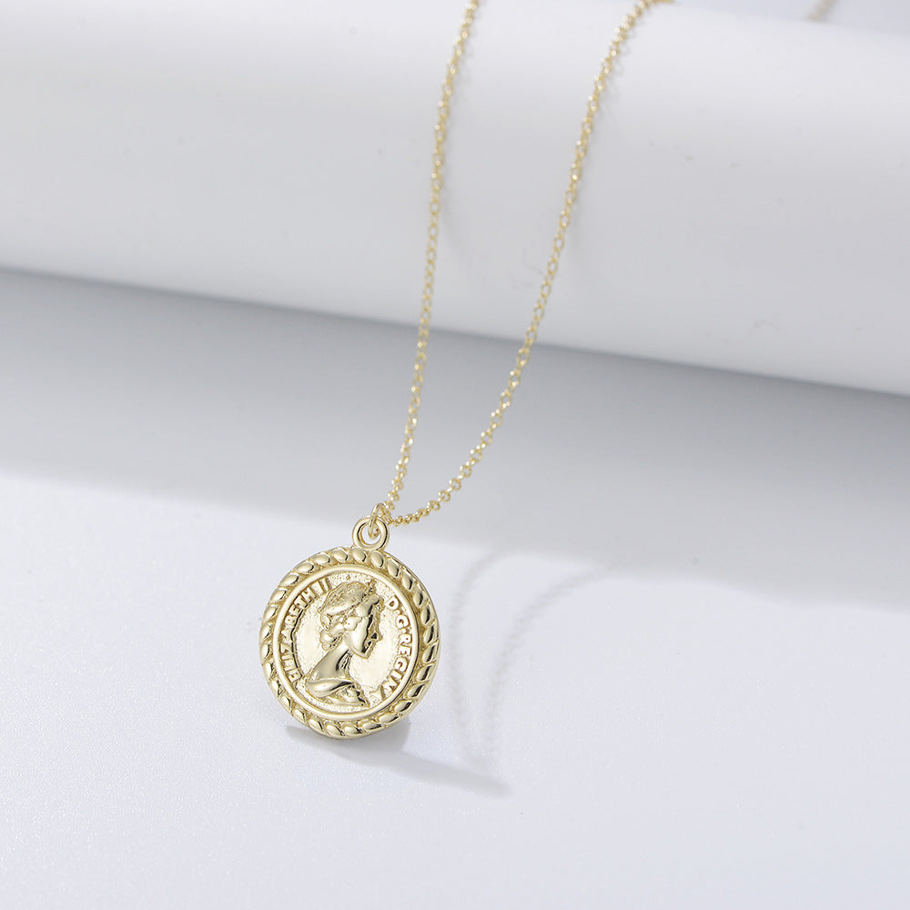S925 Sterling Silver Portrait Relief Queen Coin Necklace Personality Hipster Retro