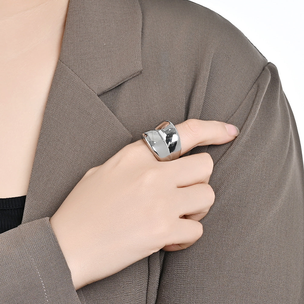 Planderful Statement Ring For Women Exaggerated Wide Band Steel Jewelry With Light Luxury