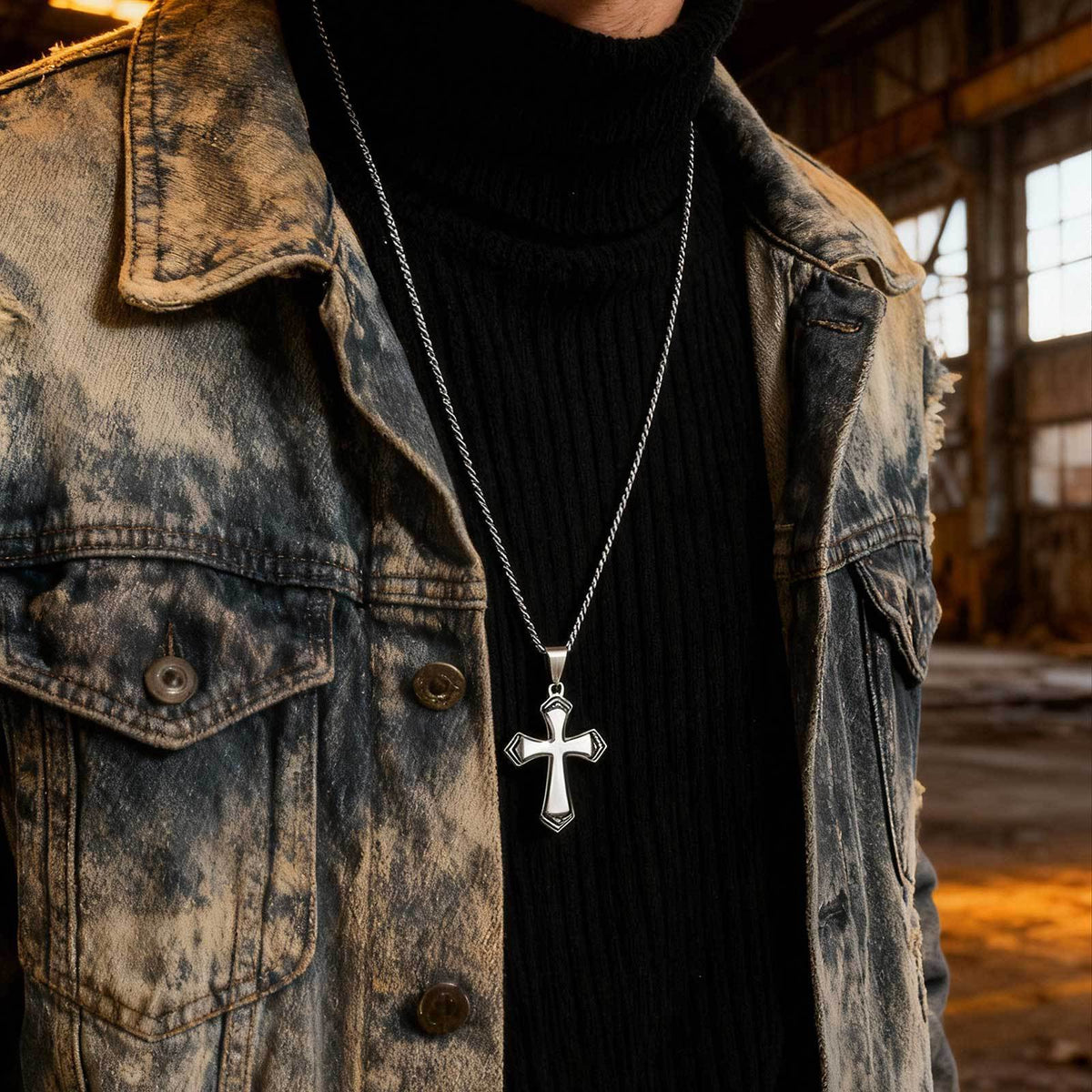 Stainless Steel Baked Black Lacquer Cut Cross Pendant Necklace