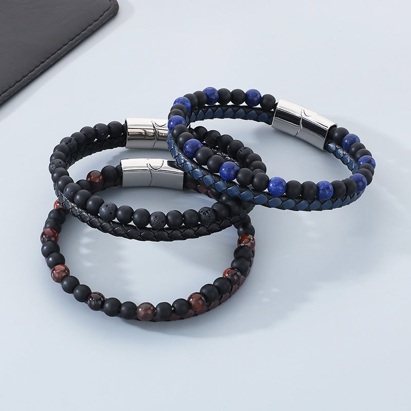 Planderful Men's Leather Bracelet Handwoven Tiger's Eye