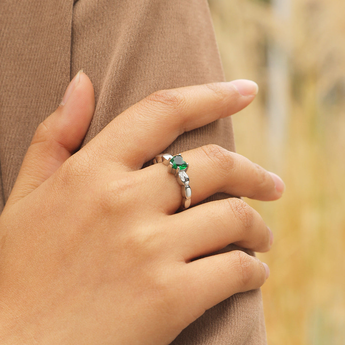 Ring Stainless Steel Green Zircon Heart Ladies