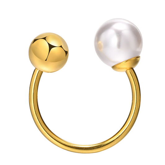 European And American Pearl Open Ring Women's Stainless Steel Gold 18K Accessories