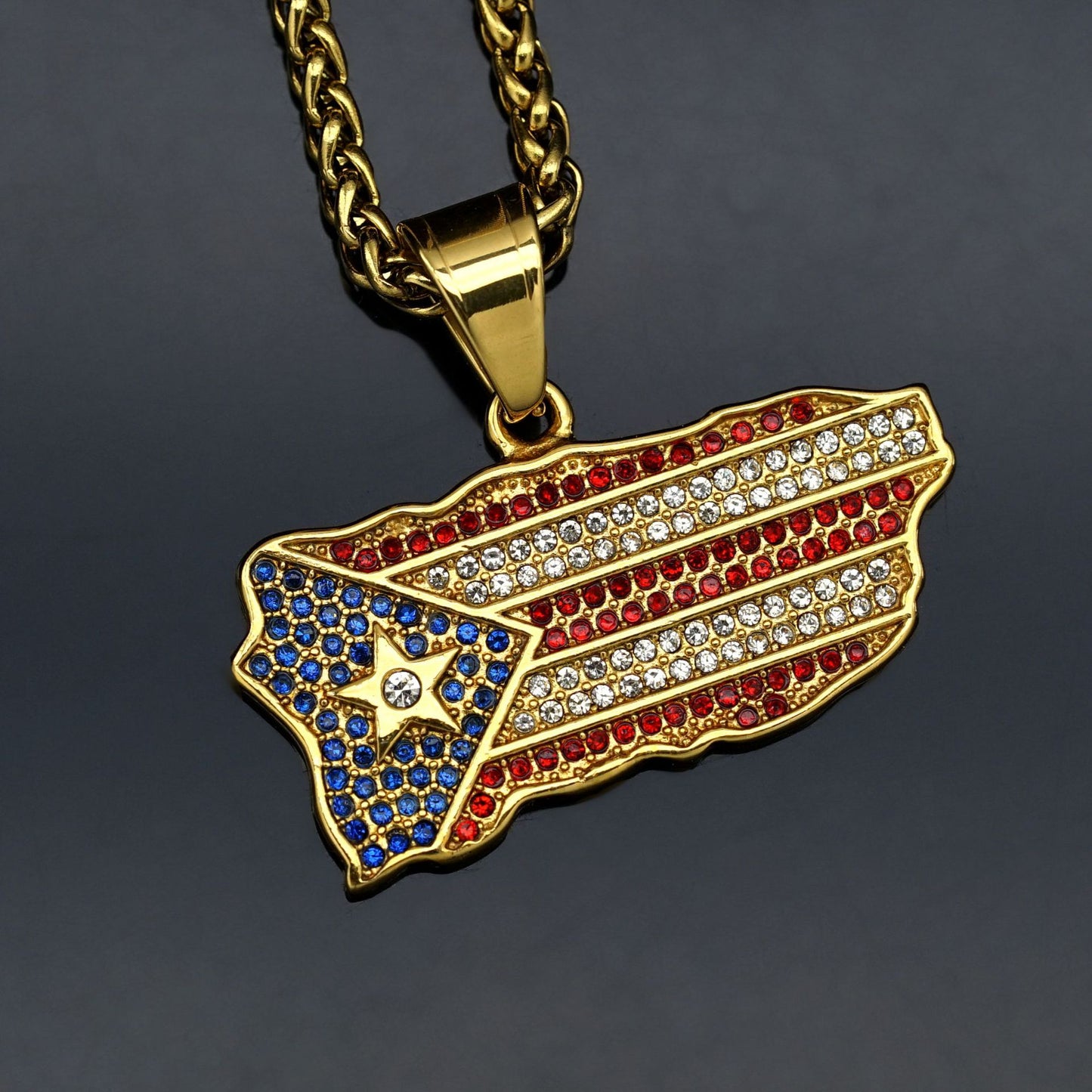 Planderful Hip Hop Puerto Rican Flag Pendant Necklace Stainless Steel Zircon Diamonds Unisex Statement