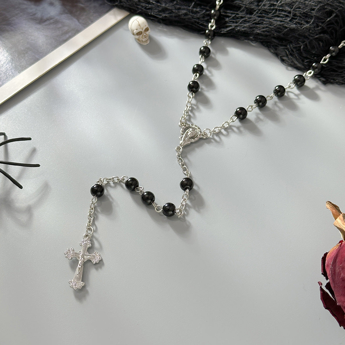 Red Glass Bead Cross Y-Necklace