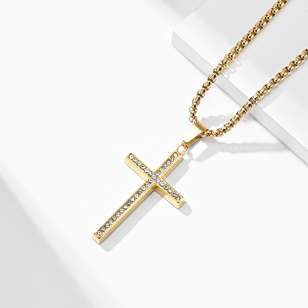 Planderful Zircon Cross Necklace Titanium Steel Beveled Pendant For Hip Hop Fans