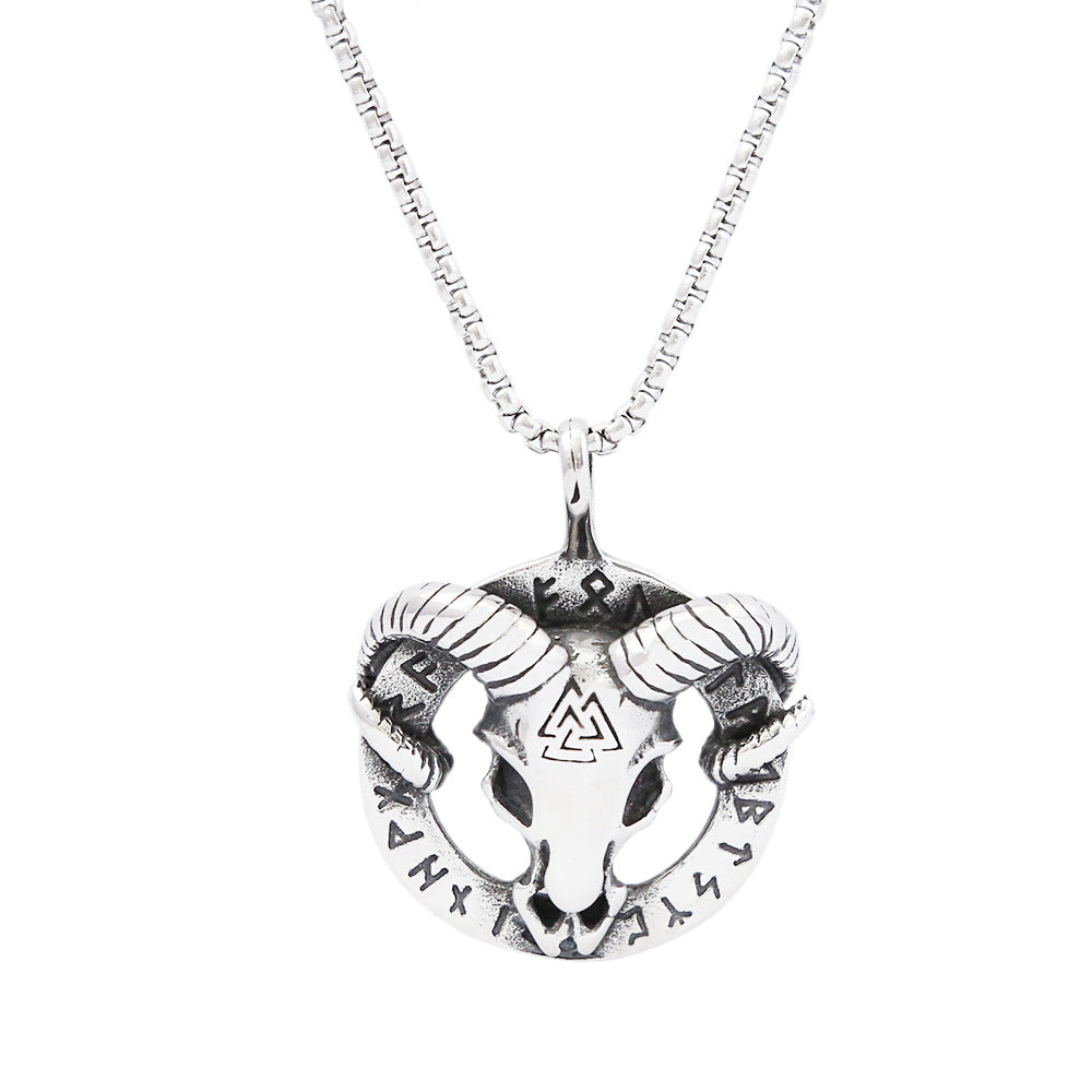 European And American Stars Retro Titanium Steel Necklace Male Viking Sheep Head Rune Triangle Logo Pendant Wholesale